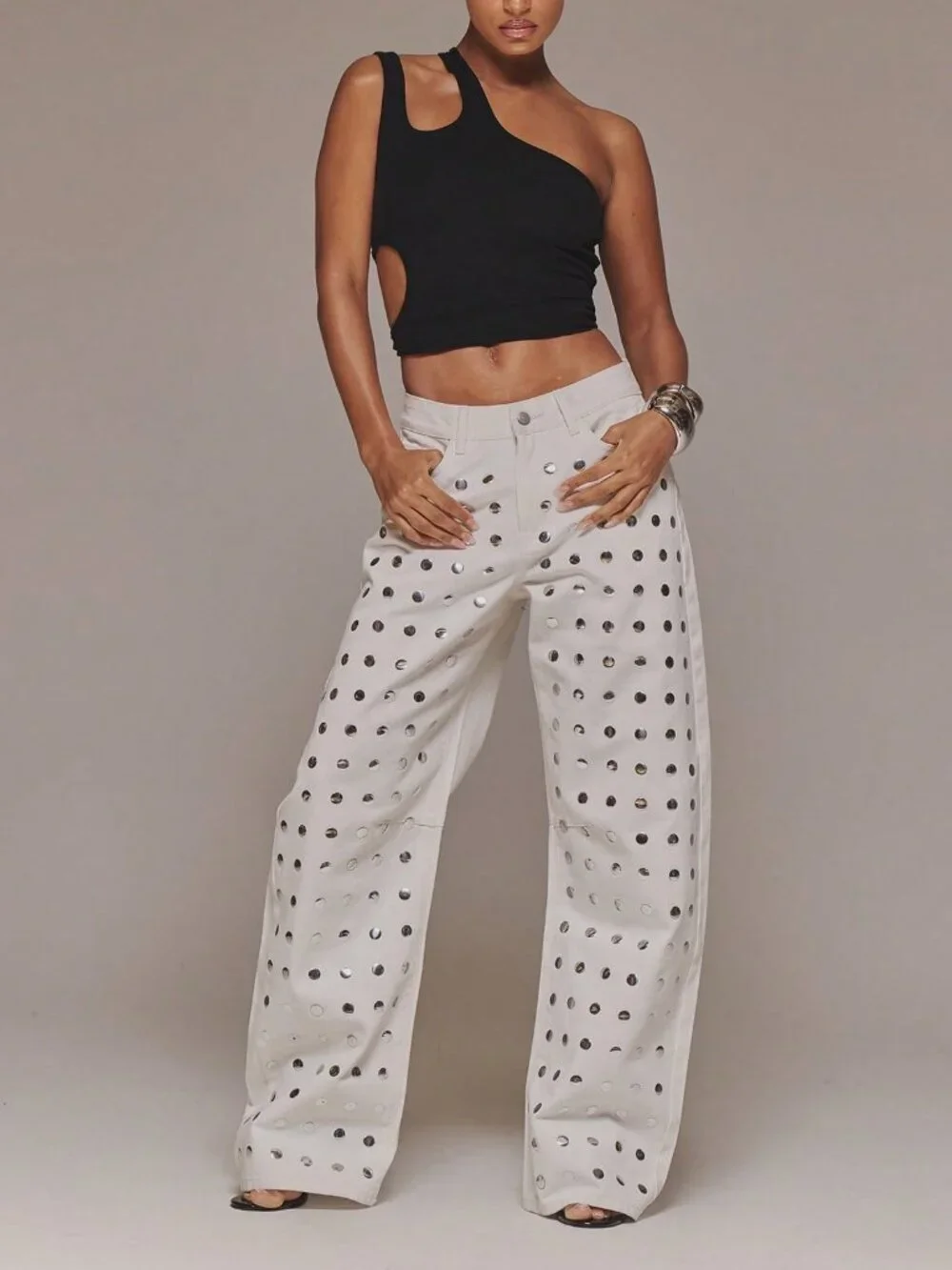 White Casual Women's Studded Baggy Straight Leg Jeans